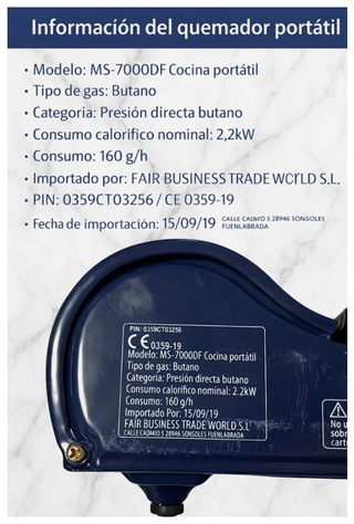 Cocina portátil a gas butano 2,2kW