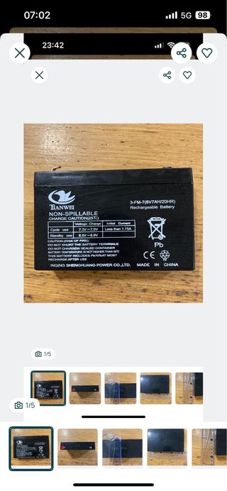 Bateria 6V 7Ah 20HR TIANWEI