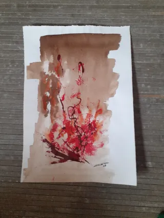 Lámina abstracta acuarela roja y marrón de 50×35cm