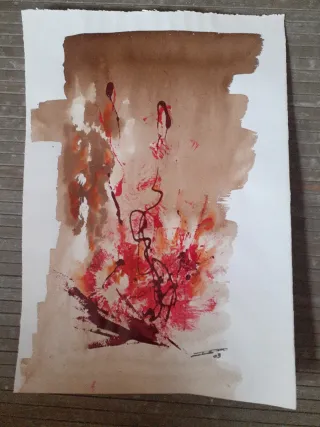 Lámina abstracta acuarela roja y marrón de 50×35cm