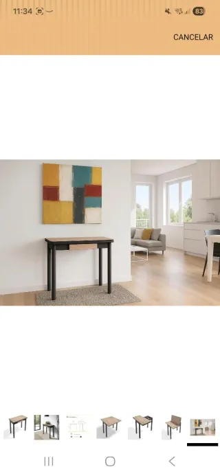 Mesa extensible metal negra y madera color roble.