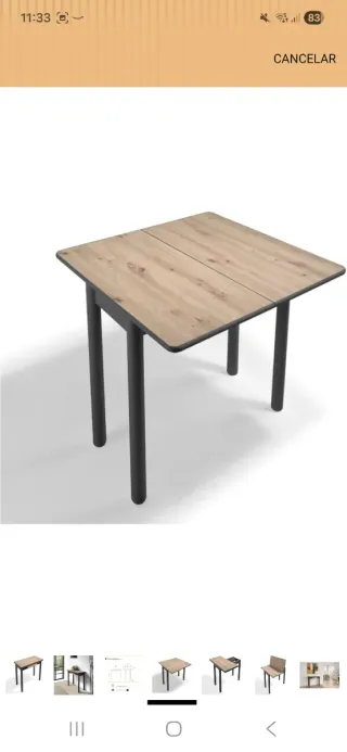 Mesa extensible metal negra y madera color roble.