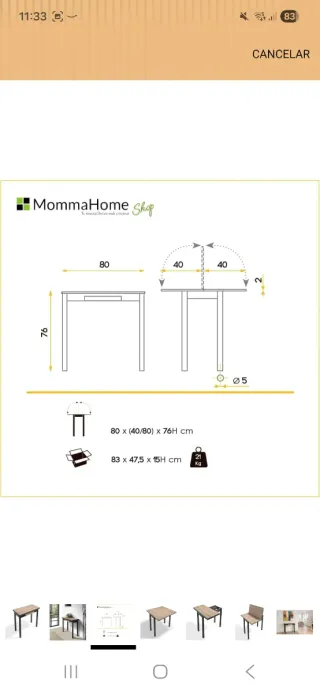 Mesa extensible metal negra y madera color roble.