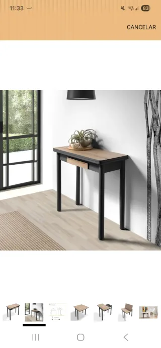 Mesa extensible metal negra y madera color roble.