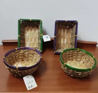 4 cestas mimbre bambú verde y morado