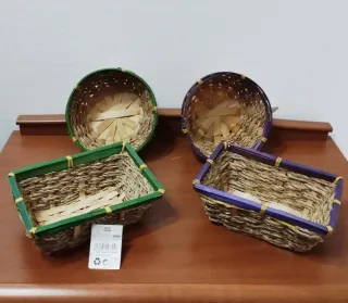 4 cestas mimbre bambú verde y morado