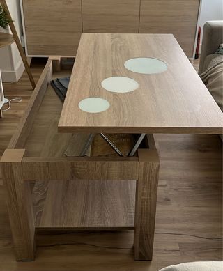 Mesa centro elevable madera y cristal