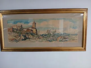 Acuarela de paisaje con marco dorado