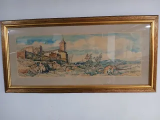 Acuarela de paisaje con marco dorado