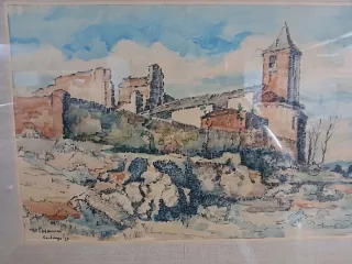 Acuarela de paisaje con marco dorado