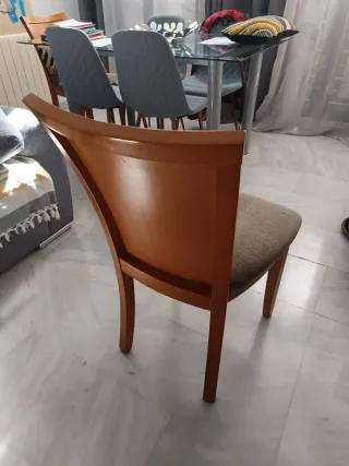 4 Sillas Comedor Madera y Tela Beige