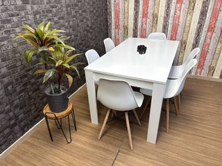 Mesa Comedor Madera Blanca + 6 Sillas Nórdicas