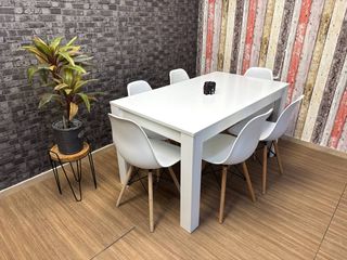 Mesa Comedor Madera Blanca + 6 Sillas Nórdicas