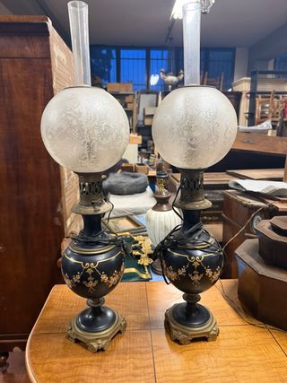 Coppia Lampade Bronzo e Ceramica Decorata