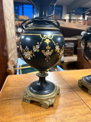 Coppia Lampade Bronzo e Ceramica Decorata