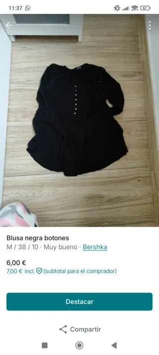 Blusa negra botones · Bershka · M · Mujer (nueva)