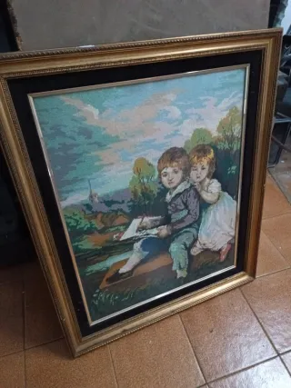 Cuadro bordado niños paisaje