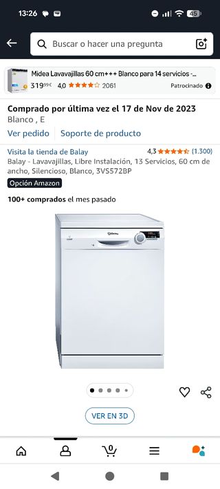 Lavavajillas Balay tercera bandeja 3VS572BP