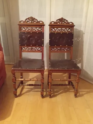 Juego de 6 Sillas Antiguas Madera y Cuero