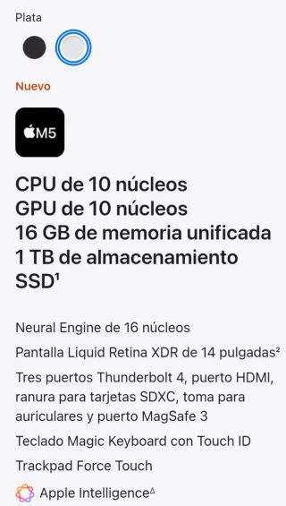 - MacBook Pro 14 M5 10/10/16/1TB Plata Precintado