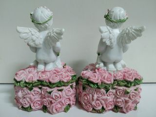 2 joyeros ángeles querubines en corazón con rosas