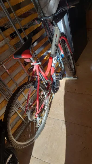 Bicicleta de montaña roja y blanca