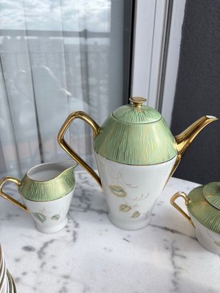 Juego de café vintage verde y dorado