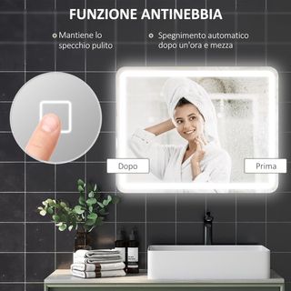 Espejo de Baño Con Luz LED 70X90 Cm, Espejo de Pared Con 3 Colores Regulables, Función de Memoria, Antiempañamiento, Interruptores Táctiles, en Vidrio Templado, IP44, Horizontal/Vertical