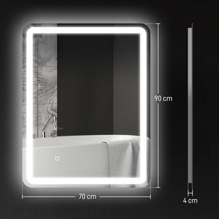 Espejo de Baño Con Luz LED 70X90 Cm, Espejo de Pared Con 3 Colores Regulables, Función de Memoria, Antiempañamiento, Interruptores Táctiles, en Vidrio Templado, IP44, Horizontal/Vertical