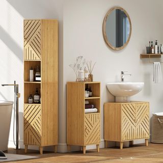 Mueble de Baño Alto de Columna con Puertas de Bambú, 2 Estantes Abiertos, 2 Armarios, Mueble de Baño Ahorra Espacio con Estantes Regulables para Comedor, Sala de Estar, 32X30X170 Cm, Color Madera