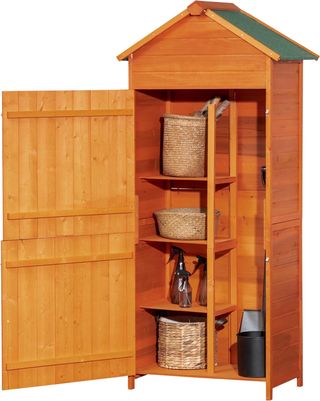 Caseta Porta Herramientas de Jardín de Madera de Abeto con 2 Puertas, Caseta de Herramientas de Jardín con 3 Estantes, Techo Inclinado para Terraza Patio, 84X52X188 Cm, Naranja