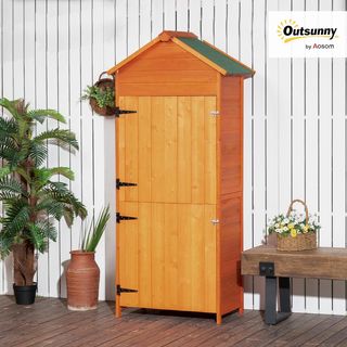 Caseta Porta Herramientas de Jardín de Madera de Abeto con 2 Puertas, Caseta de Herramientas de Jardín con 3 Estantes, Techo Inclinado para Terraza Patio, 84X52X188 Cm, Naranja
