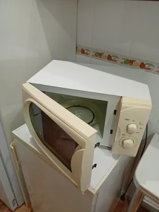 Microondas blanco con puerta abierta