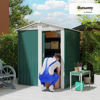 Caseta De Jardín 1.7M² De Acero Galvanizado Con Kit De Fundación, Cobertizo De Jardín Para Herramientas Con Techo Inclinado, 4 Salidas De Aire, Puerta Corredera, 152X132X188 Cm, Verde