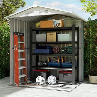 Caseta De Jardín 1.7M² De Acero Galvanizado Con Kit De Fundación, Cobertizo De Jardín Para Herramientas Con Techo Inclinado, 4 Salidas De Aire, Puerta Corredera, 152X132X188 Cm, Verde