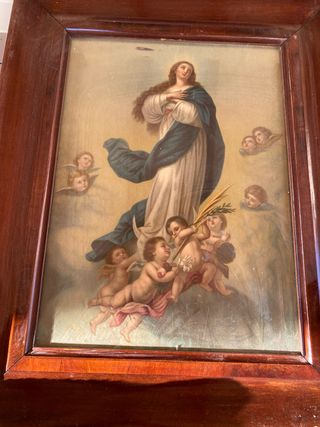 Cuadro antiguo Virgen María con ángeles