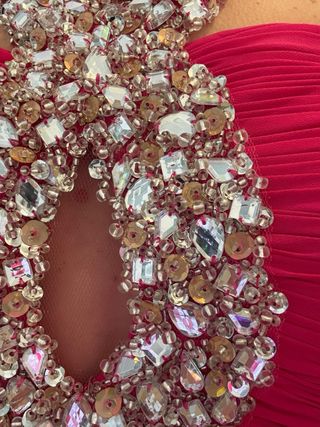 Vestido fiesta pedrería rosa y plata