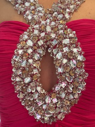 Vestido fiesta pedrería rosa y plata