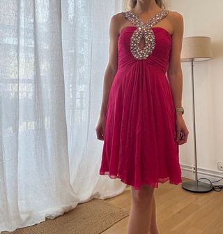 Vestido fiesta pedrería rosa y plata