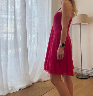 Vestido fiesta pedrería rosa y plata