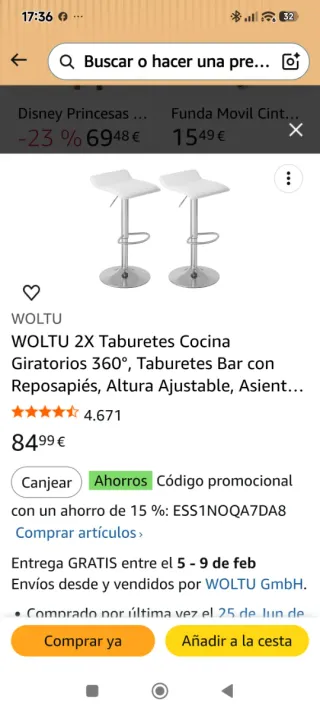 WOLTU 2X Taburetes Cocina Giratorios