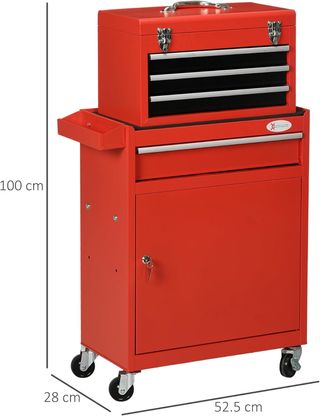 Carro Porta Herramientas 2 en 1 Con Caja de Herramientas Extraíble, Armario Con Llave Y 4 Cajones Totales de Acero, Rojo