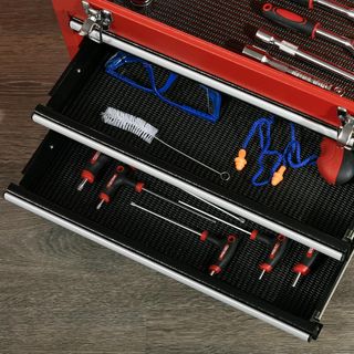 Carro Porta Herramientas 2 en 1 Con Caja de Herramientas Extraíble, Armario Con Llave Y 4 Cajones Totales de Acero, Rojo