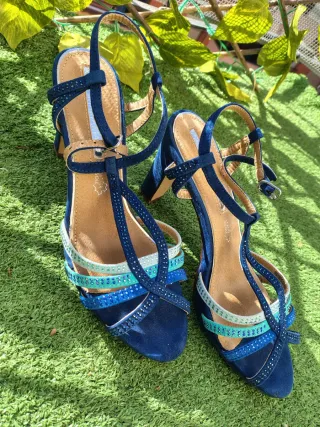Sandalias Tacon Pedreria Azul T 39