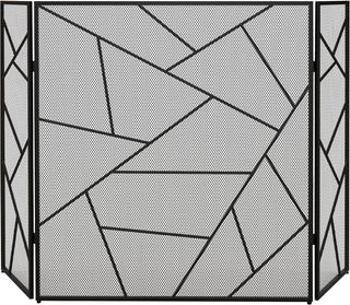 Rejilla Parascintille para Chimenea Plegable de 3 Paneles, Pantalla para Chimenea de Acero con Diseño Geométrico, 135X1.2X85Cm, Negro
