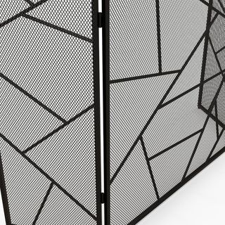 Rejilla Parascintille para Chimenea Plegable de 3 Paneles, Pantalla para Chimenea de Acero con Diseño Geométrico, 135X1.2X85Cm, Negro