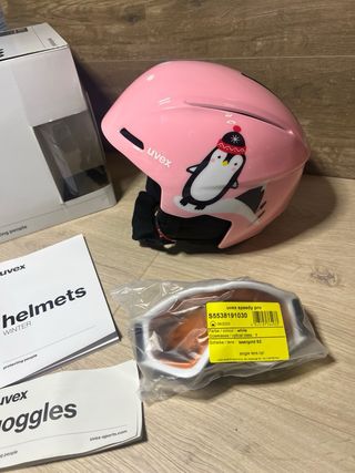 Casco y Gafas Esquí Infantil Rosa Pingüino