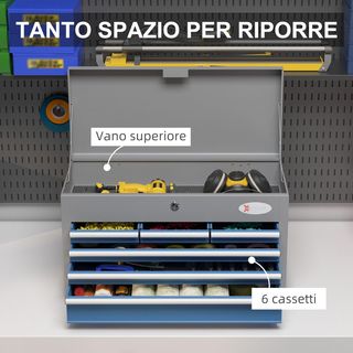 Caja de Herramientas Con 6 Cajones, Un Baúl Y 2 Llaves, Caja Portaherramientas de Acero Con Asas Laterales, 60X26X34 Cm. Azul