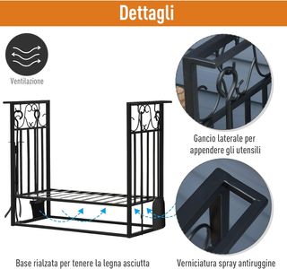 Portalegna Elevado para Chimenea en Acero Antioxidante, Porta Leña para Interiores y Exteriores, 4 Herramientas Incluidas, 75X30X60Cm