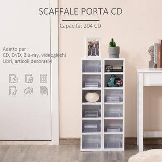 Set di 2 Scaffali Verticali per CD e DVD con 12 Ripiani Regolabili per 204 CD, Mobile Libreria Alto Salvaspazio in Legno per Camera da Letto, Soggiorno e Ufficio, 21X22.5X88.5 Cm, Bianco